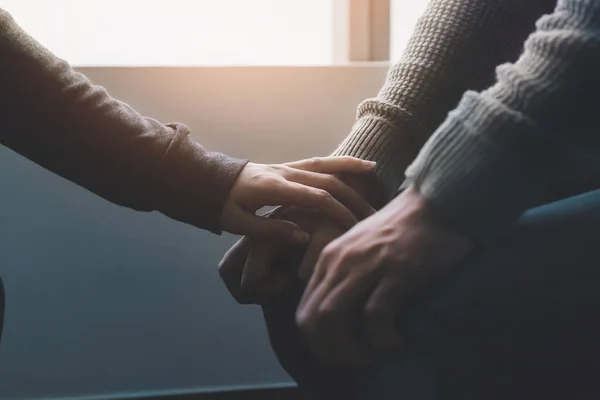 Ptsd Mental Health Concept Psychologist Sitting Touch Hand Young Depressed — Stock Photo, Image