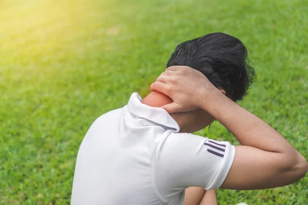 Young Man Asian Have Accident Neck Pain Sport Exercise Jogging — Stock Photo, Image