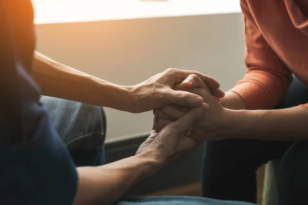 Ptsd Mental Health Concept Psychologist Sitting Touch Hand Young Depressed — Stock Photo, Image