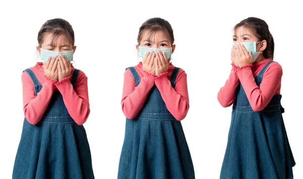 アジアの女の子の咳の複数のショットと感染を保護するための医療保護面マスクを着用白の背景に隔離されたウイルス クリッピングパスと ヘルスケアと感染の概念 — ストック写真