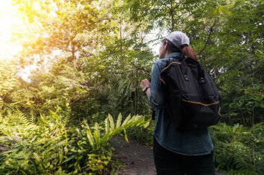 Yaz tatili konsepti, sırt çantalı Asyalı kadın gezgin tropikal ormanın yanında duruyor ve uzaklara bakıyor..