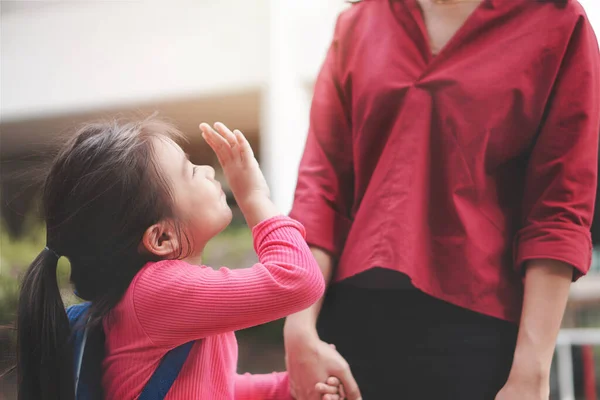 Back School Concept Mother Parent Holding Hand Daughter Pupil Girl — Stock Photo, Image