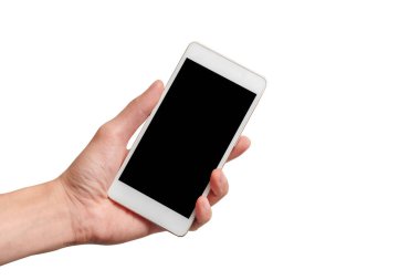Mesajınızı ayarlamak için boş bir akıllı telefon reklamı tutarken elinizi kapayın. Beyaz arkaplanda kırpma yolu ile izole edin..