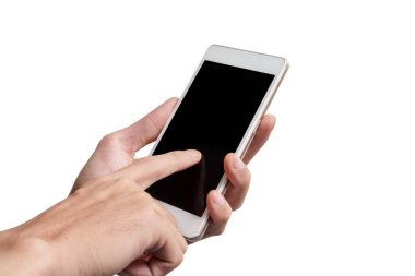 Mesajınızı ayarlamak için boş bir akıllı telefon reklamı tutarken elinizi kapayın. Beyaz arkaplanda kırpma yolu ile izole edin..