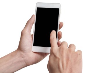 Mesajınızı ayarlamak için boş bir akıllı telefon reklamı tutarken elinizi kapayın. Beyaz arkaplanda kırpma yolu ile izole edin..