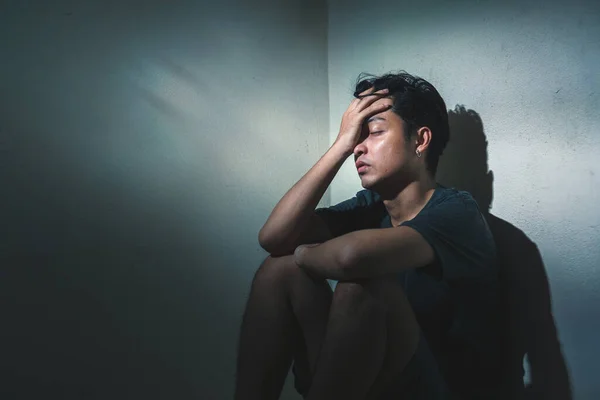 Ptsd Mental Health Concept Young Depressed Asian Man Sitting Alone — Stock Photo, Image