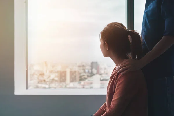 Psychologist Sitting Touch Young Depressed Asian Woman Encouragement Window Low — Stock Photo, Image