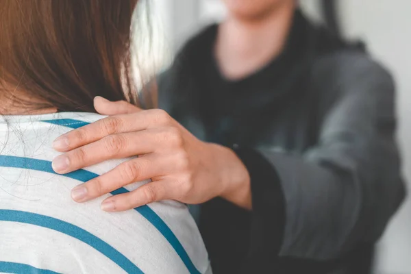 Psychologist Touch Young Depressed Asian Woman Encouragement Window Selective Focus — Stock Photo, Image