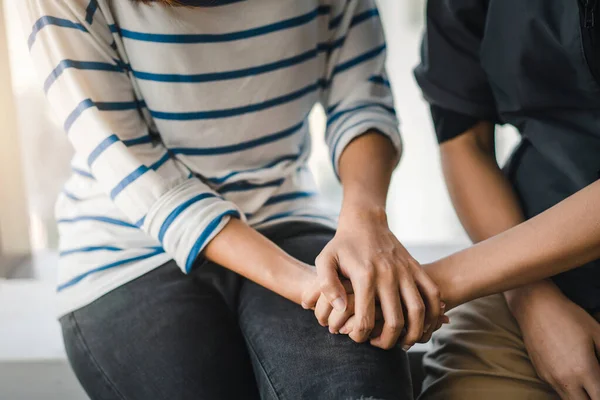 Young Woman Sitting Touch Young Depressed Asian Woman Encouragement Window — Stock Photo, Image