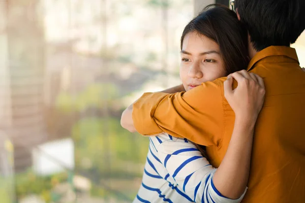 Young Depressed Asian Woman Hug Her Friend Encouragement Selective Focus — Stock Photo, Image