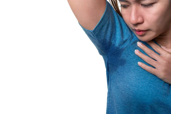 Koltukaltı Altında Terleyen Asyalı Kadın Vücut Kokusu Koku Problemi Beyaz — Stok fotoğraf