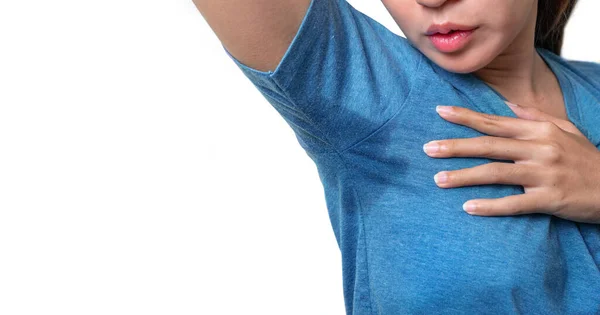 Koltukaltı Altında Terleyen Asyalı Kadın Vücut Kokusu Koku Problemi Beyaz — Stok fotoğraf