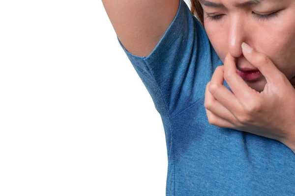 Asian Woman Hyperhidrosis Sweating Armpit Feel Bad Body Odor Smell — Stock Photo, Image