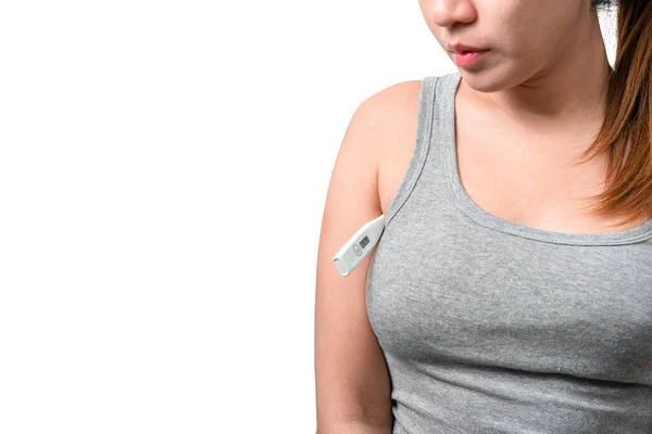 Sick Asian Woman High Fever Holding Digital Thermometer Armpits Isolate — Stock Photo, Image