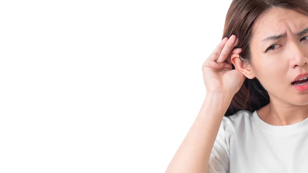 Asian Woman Wear White Shirt Hearing Loss Hard Hearing Cupping — Stock Photo, Image