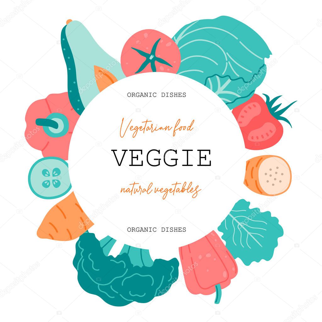 Hand drawn organic food, fresh vegetables, tomato, pepper, cucumber, lettuce, green peas, tomato, sweet potato, avocado, cabbage, broccoli in a flat style on a white background. 