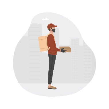 Karantina sırasında güvenli teslimat kavramı, şehirde kutulu bir solunum maskesi takan kurye. İzole edilmiş beyaz arkaplanda vektör illüstrasyonu. 