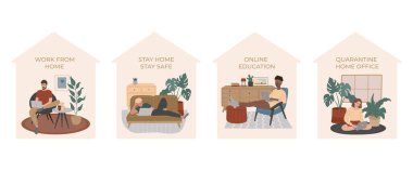 Set of people work and study at cozy apartments during quarantine, at desk, on bed, in comfortable armchair or on the carpet. Stay home stay safe, online education. Vector illustration, flat style. clipart