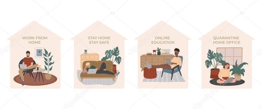 Set of people work and study at cozy apartments during quarantine, at desk, on bed, in comfortable armchair or on the carpet. Stay home stay safe, online education. Vector illustration, flat style.