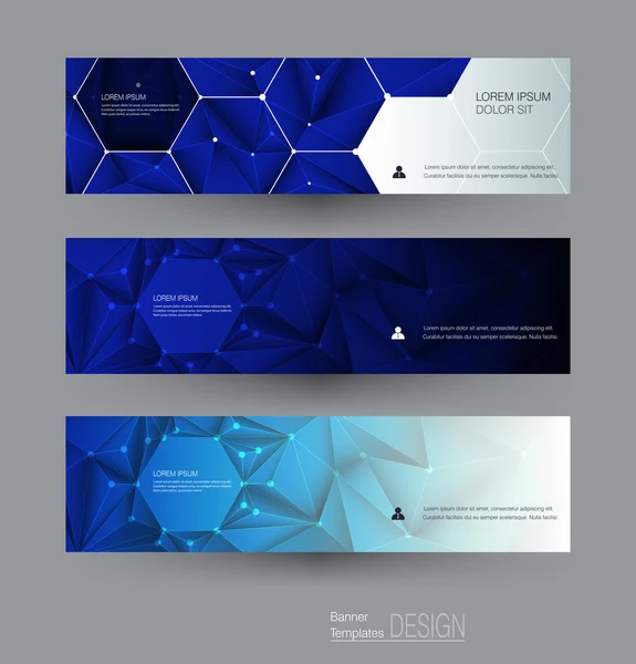 Vector abstract banners set with polygonal, Triangle pattern shape and molecule structure. Low poly banner with connecting dots and lines — Stock Vector