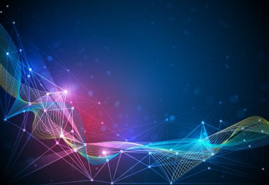 İllüstrasyon soyut moleküller ve daireler, çizgiler, geometrik, poligonal, üçgen desen ile 3B Kafes. Vektör tasarım iletişim teknolojisi mavi zemin üzerine