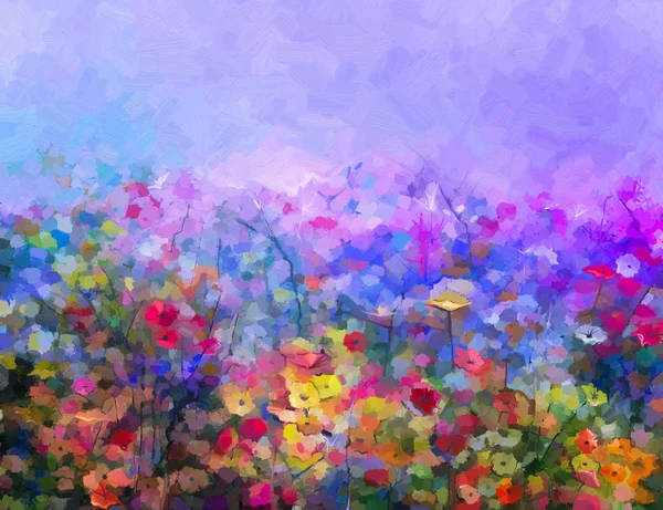 Abstract colorful oil painting purple cosmos flowe, daisy, wildflower in field. — Stock Photo, Image