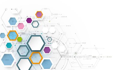 Vektör çizim yenilik kavramı. Devre kartı ve altıgen yanarak bahislerin doğru veya çokgen arka plan