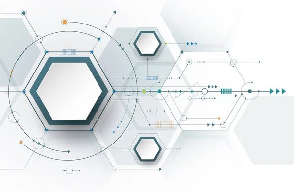 Ilustración vectorial concepto de innovación científica. Placa de circuito y hexágonos o fondo polígono — Archivo Imágenes Vectoriales