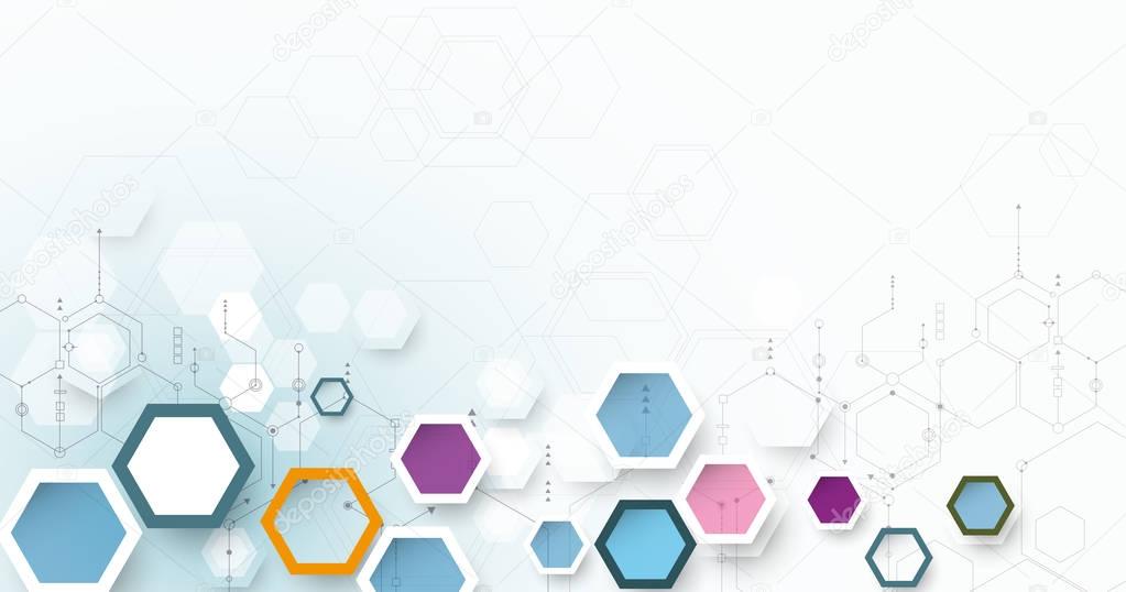 Vector illustration science innovation concept. Circuit board and hexagons or polygon background