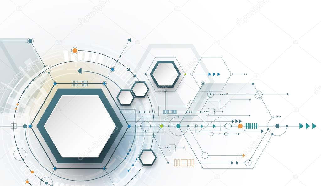 Vector illustration circuit board and 3d paper hexagons background.