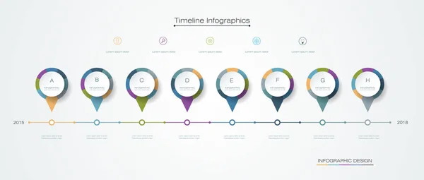 Modelo de design de linha do tempo de infográficos vetoriais com design de etiquetas e ícones — Vetor de Stock
