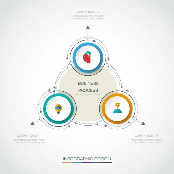 Infográfico vetorial 3D círculo rótulo design com sinal de setas e 3 opções ou passos —  Vetores de Stock