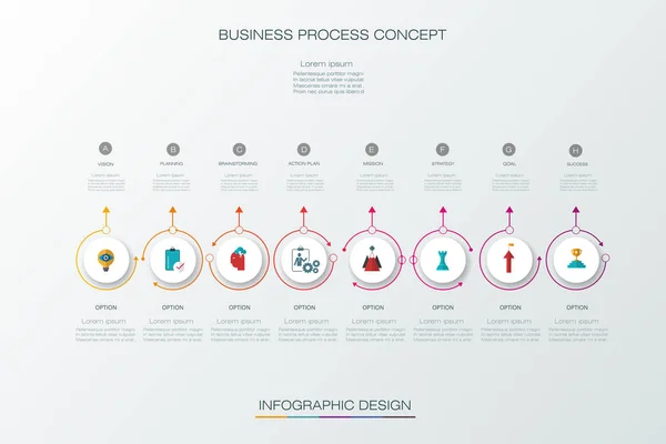 Plantilla de diseño de línea de tiempo de infografías vectoriales con diseño de etiquetas e iconos — Vector de stock