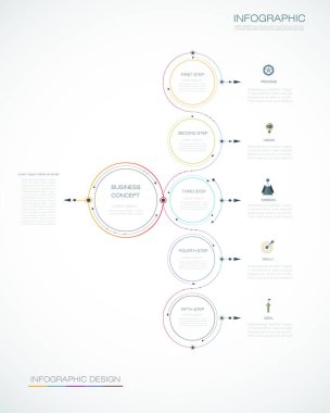 Infographic şablon, ok işareti ve 5 seçenekleri veya adımları ile daire tasarım.