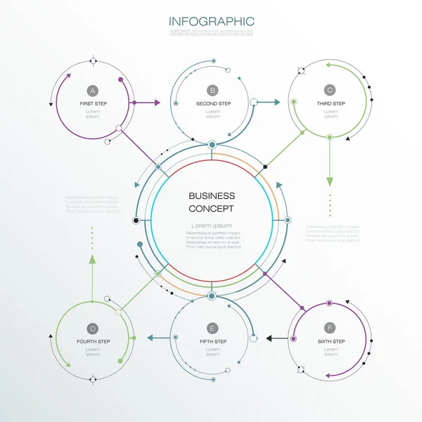 Infographic sjabloon, cirkel ontwerp met pijlen teken en 6 opties of stappen. — Stockvector