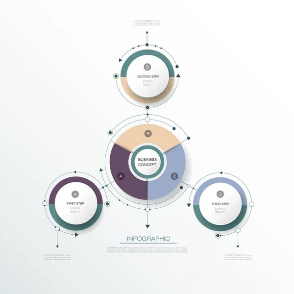 Vector Infografía 3D círculo etiqueta diseño con flechas signo y 3 opciones o pasos . — Archivo Imágenes Vectoriales