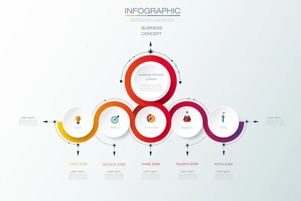 Infographic sjabloon, cirkel ontwerp met pijlen teken en 5 opties of stappen. — Stockvector