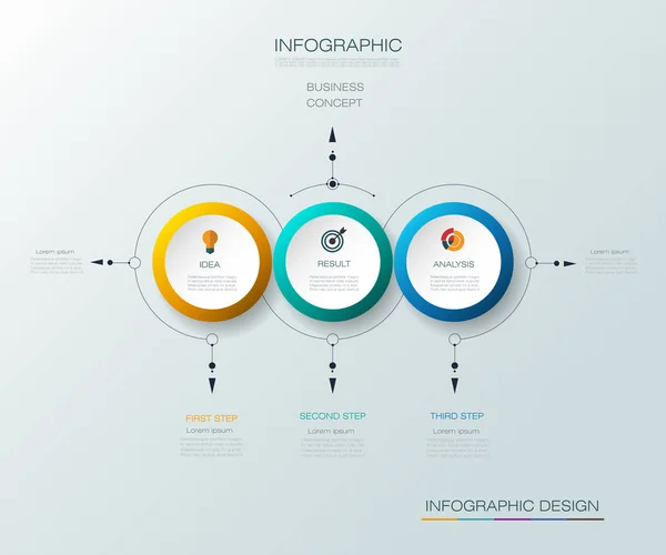 Vektor-Infografik 3D-Kreis-Etikettendesign mit Pfeilzeichen und 3 Optionen oder Schritten. — Stockvektor