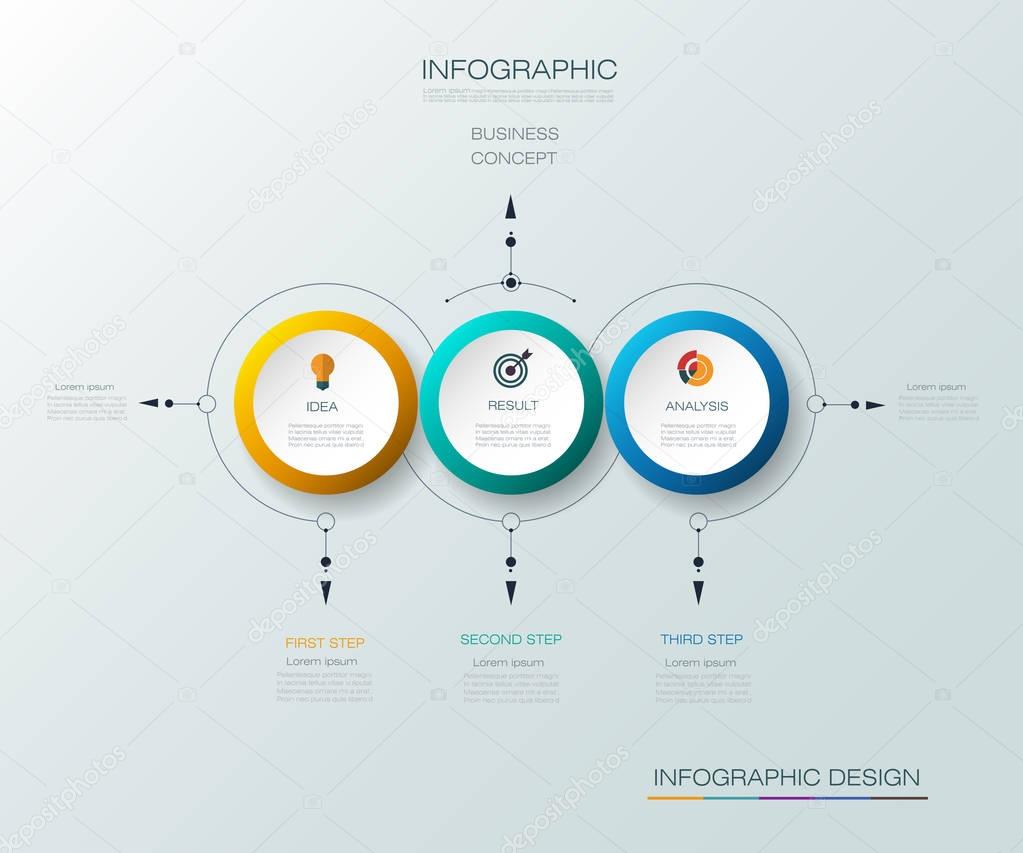 Vector Infographic 3D circle label design with arrows sign and 3 options or steps.