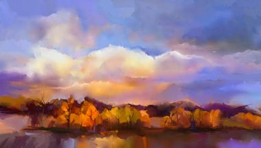 Yağlı boya peyzaj soyut. Sarı, mor renkli gökyüzü. Tuval üzerine yağlıboya resim açık peyzaj.