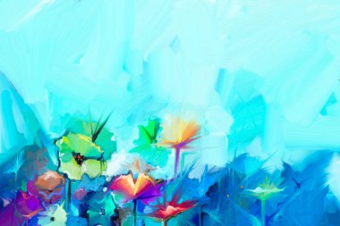 Soyut renkli yağlı boya tuval üzerine. Çiçek, sarı ve kırmızı mavi renk ile yarı-soyut resim. Elle çizilmiş fırça darbesi