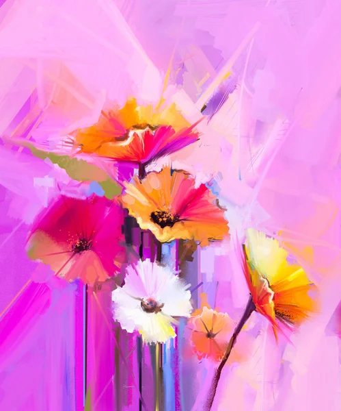Abstracte olieverfschilderij van voorjaar bloem. Stilleven van geel, roze en rood gerbera. — Stockfoto