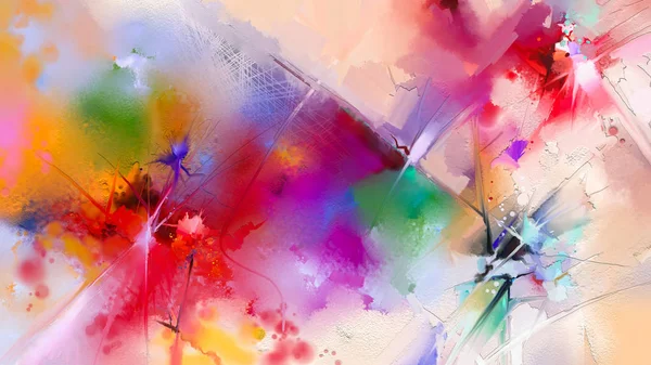 Abstract kleurrijk schilderij op doek. Semi-abstracte afbeelding van bloemen, in geel en rood met blauwe kleur — Stockfoto