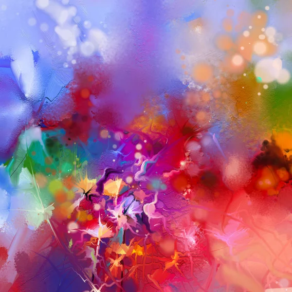 Abstracto colorido pintura al óleo sobre lienzo. Imagen semiabstracta de flores, en amarillo y rojo con color azul — Foto de Stock