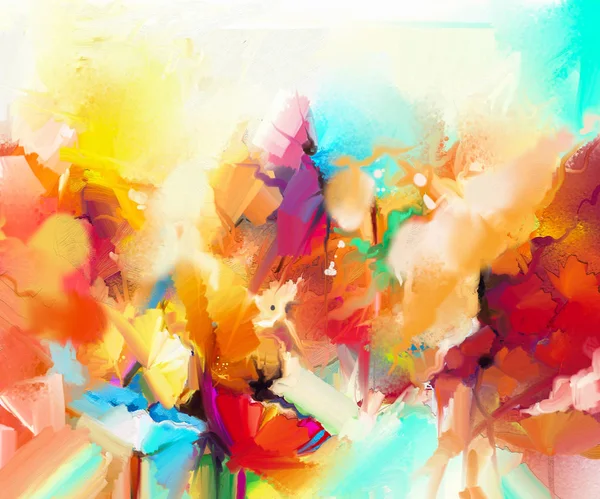 Abstract kleurrijk schilderij op doek. Semi-abstracte afbeelding van bloemen, in geel en rood met blauwe kleur. — Stockfoto