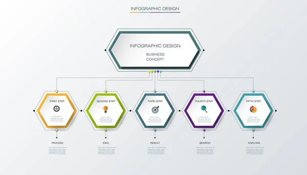 Vektör infographics zaman çizelgesi tasarım şablonu etiket tasarımını ve simgeler, 5 seçenekleri veya adımları. — Stok Vektör