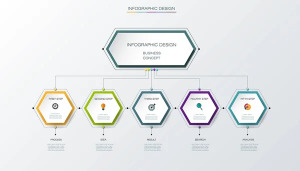 Vector infographics tijdlijn ontwerpsjabloon met labelontwerp en pictogrammen, 5 opties of stappen. — Stockvector