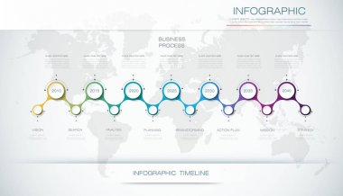 Vektör infographics zaman çizelgesi tasarım şablonu ile 3d kağıt etiket ve grafik 8 adımlar seçenekleri. 