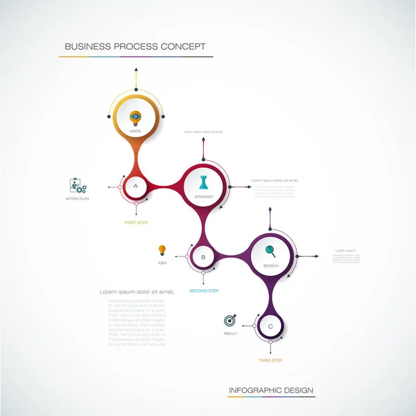 Modèle de conception de timeline d'infographie vectorielle avec étiquette en papier 3D, fond cercles intégrés — Image vectorielle