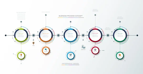 Plantilla de diseño de línea de tiempo de infografías vectoriales con etiqueta de papel 3D, fondo de círculos integrados — Archivo Imágenes Vectoriales